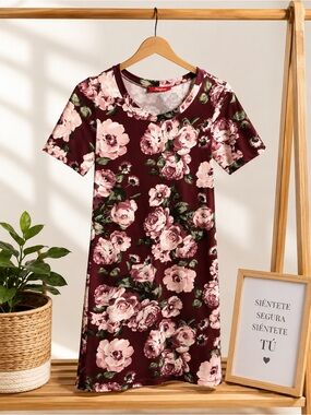 Floral Scoop Neck Burgundy Women's Dress